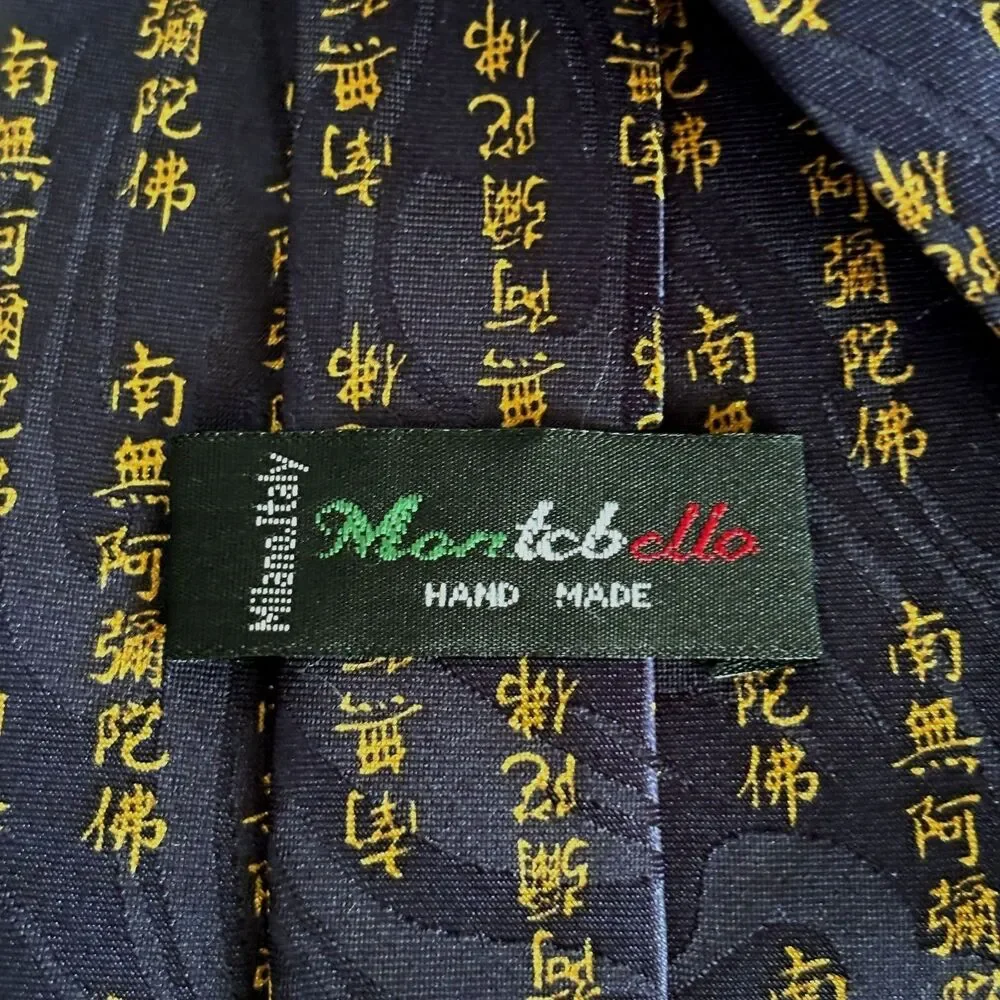 Montebello Hand Made Italy 100% Silk Necktie Blue Gold Buddhist Script Tie